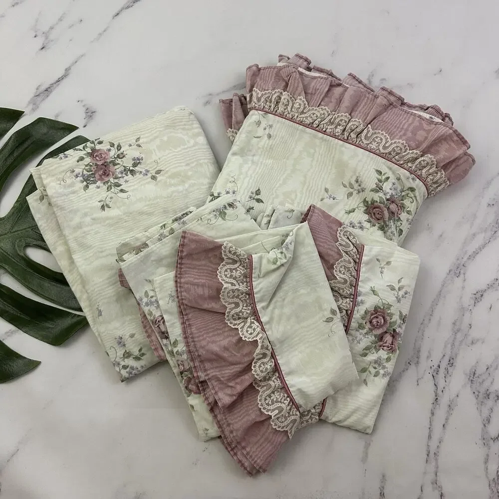 JC Penny Vintage 90s Bed Sheet Set Full Double Cream Purple Ruffles Lace Floral